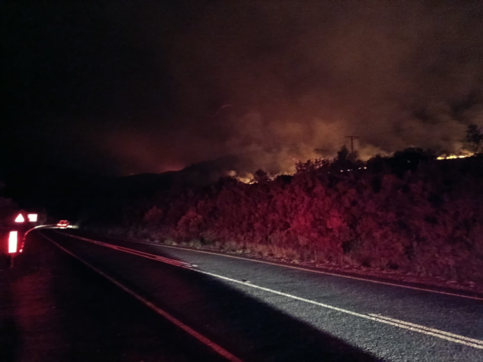 Wildfire burning near a roadway during wildlife rescue response support in the Hessequa region of South Africa.